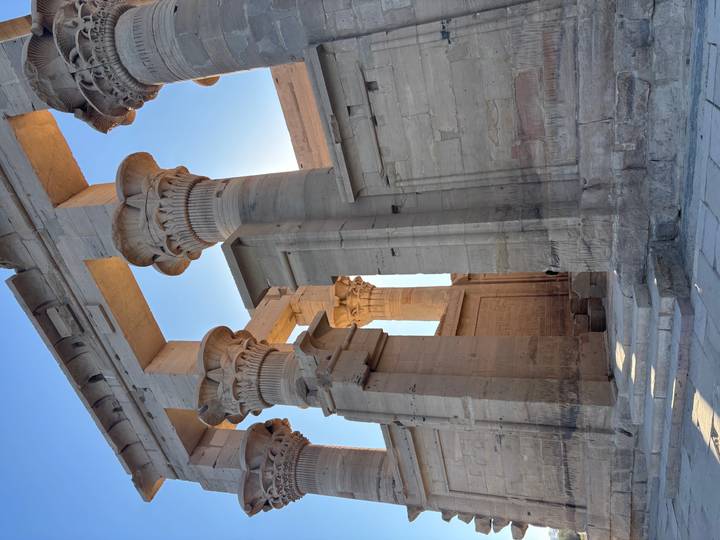 Sandstone columns with lotus capitals of an ancient temple lit by bright sunlight.