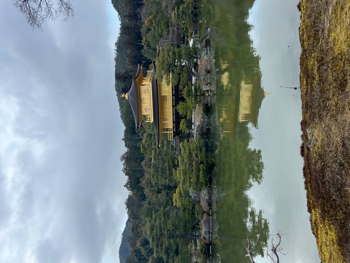 Golden Pavilion temple reflecting in a calm pond surrounded by pine trees under overcast skies.