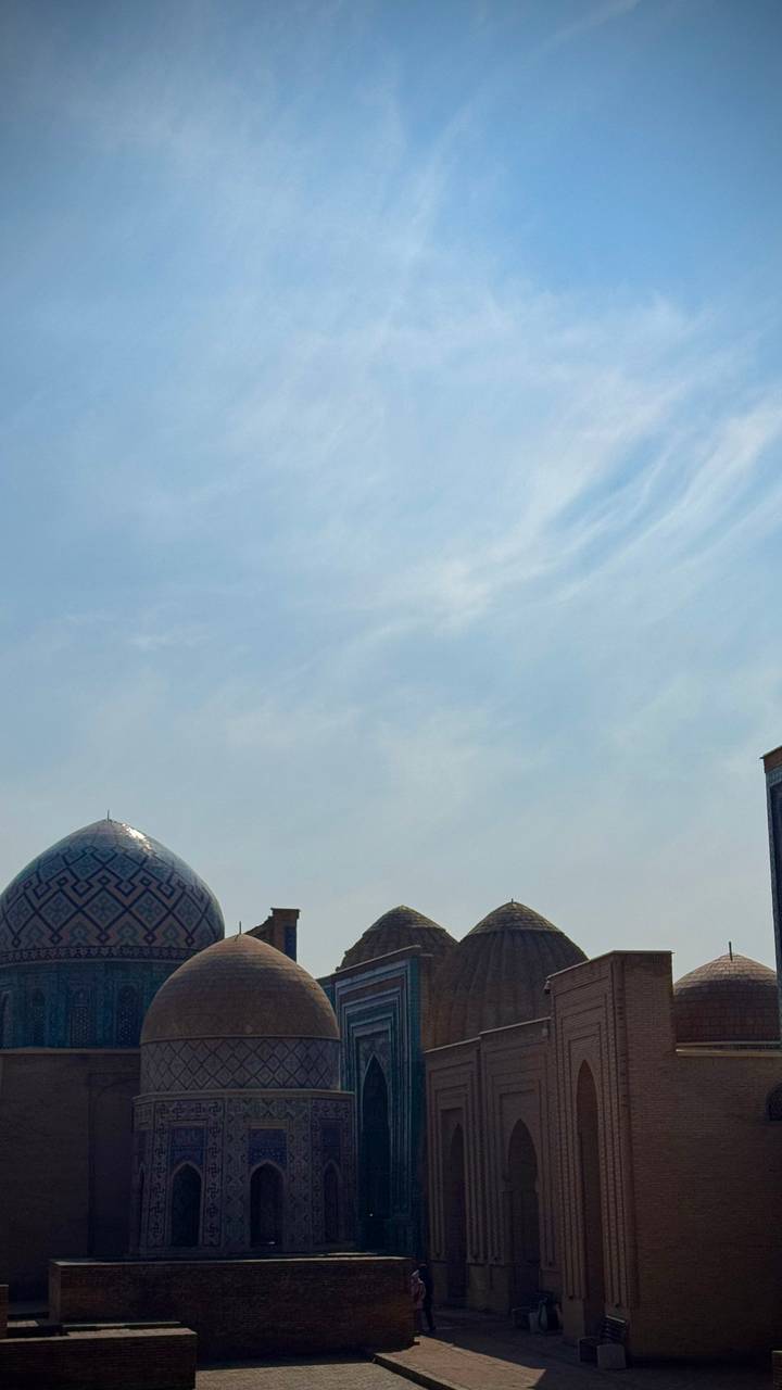 The patterned dome of an Islamic building peeks into an otherwise empty, bright blue sky.