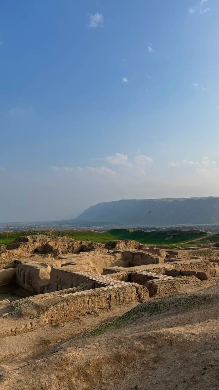 Rolling green hills meet a distant plateau under a hazy afternoon sky.