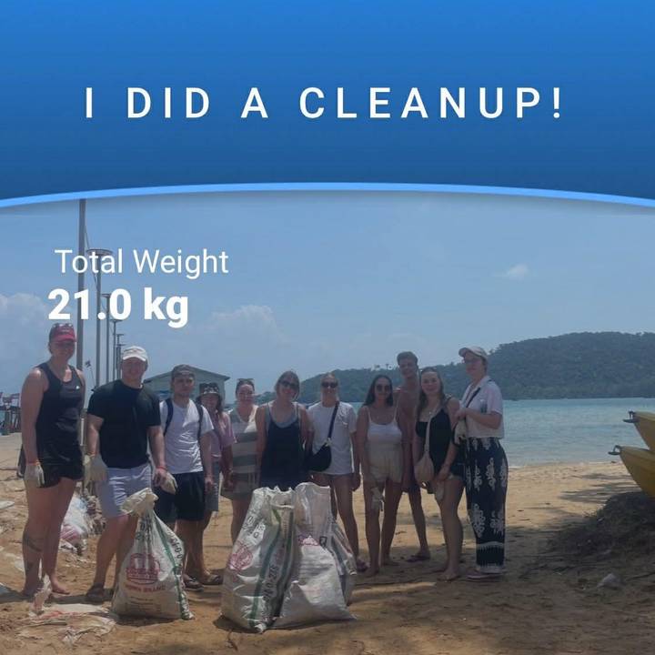 Volunteer group posing on a tropical pier after a beach cleanup with overlay text on weight collected.