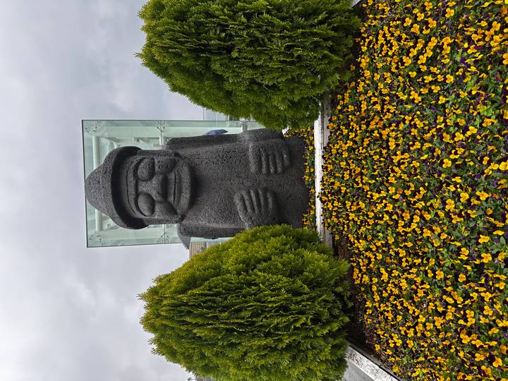 Stone Dol Hareubang statue surrounded by colourful flower beds on Jeju Island