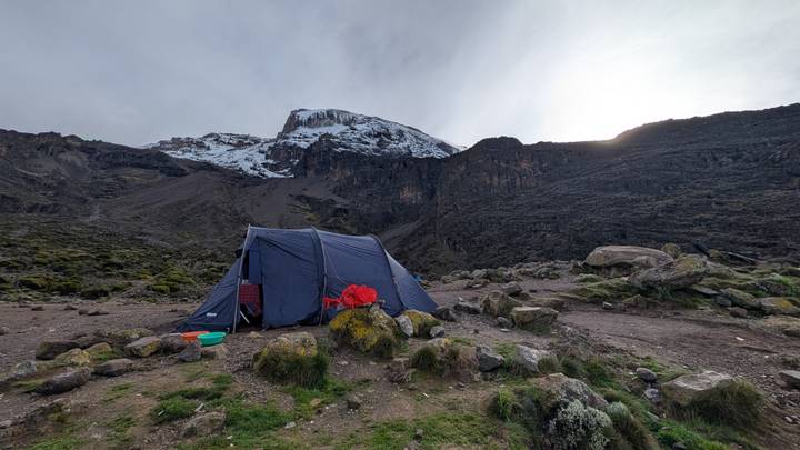 A dark blue expedition tent sits on a rocky alpine campsite beneath Kilimanjaro’s snow-topped peak at muted daylight.
