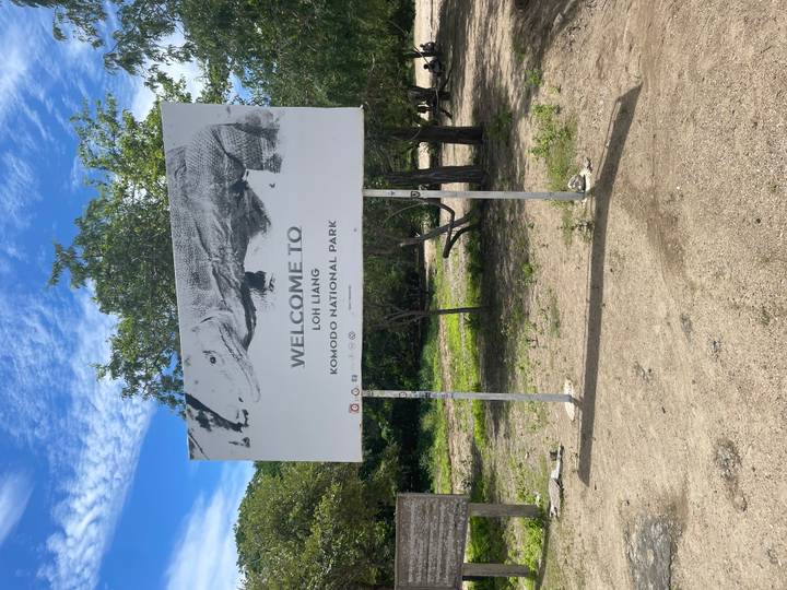 Large welcome sign featuring a Komodo dragon illustration at Loh Liang entrance.