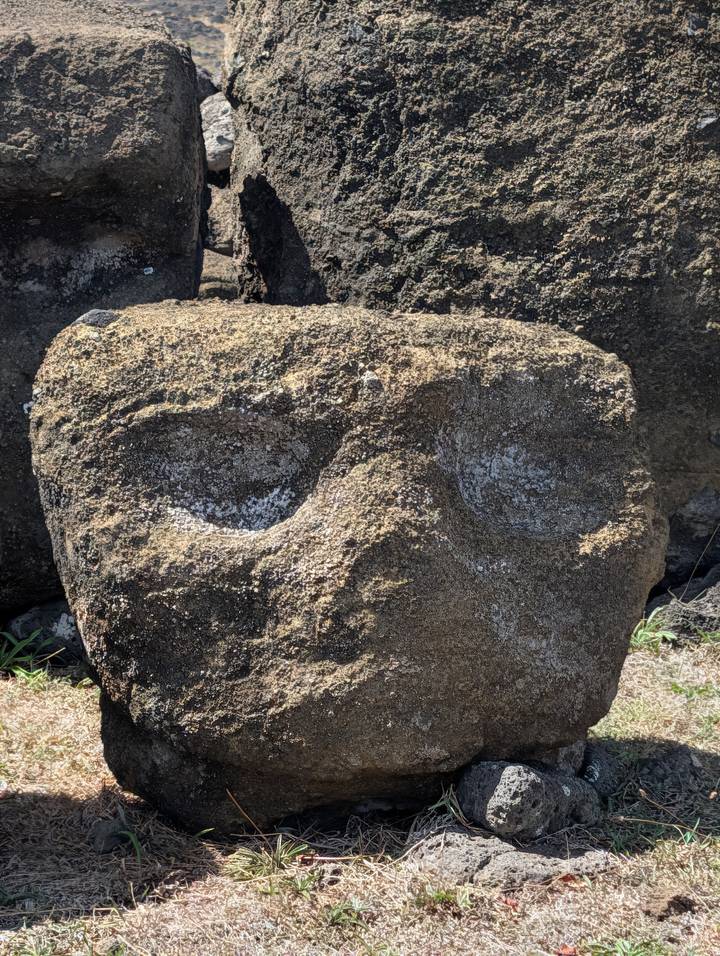 Close-up of a weathered stone moai head showing deep eye sockets and textured volcanic rock.