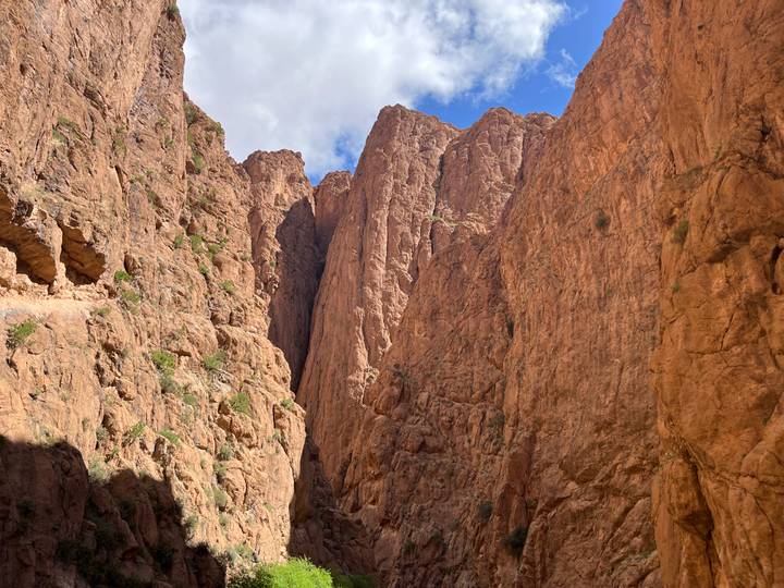 Towering ochre cliffs rise vertically in the narrow Todra Gorge under scattered clouds.