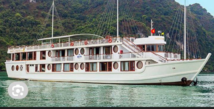 White multi-deck cruise boat anchored near a lush limestone island.