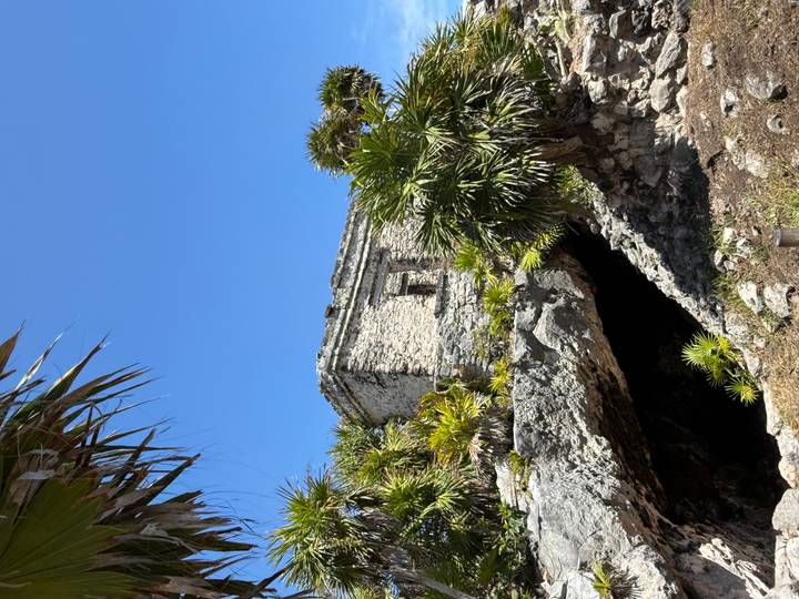 Ancient Mayan stone structure perched on a rocky cliff framed by tropical plants