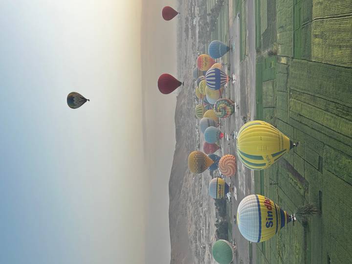 Dozens of colorful hot-air balloons rise above patchwork green fields and low desert hills in the soft early-morning light.