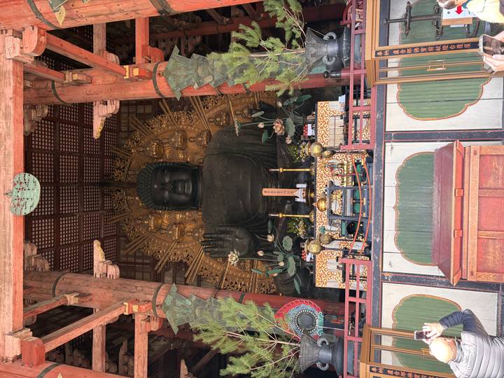 Massive seated Great Buddha statue surrounded by intricate golden halo inside Todai-ji temple hall.