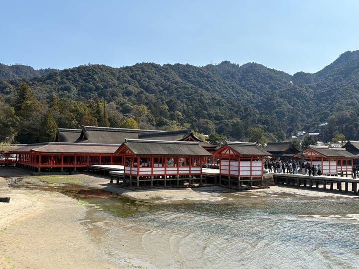Vibrant red-and-white wooden halls of Itsukushima Shrine stretch over tidal flats with visitors strolling.