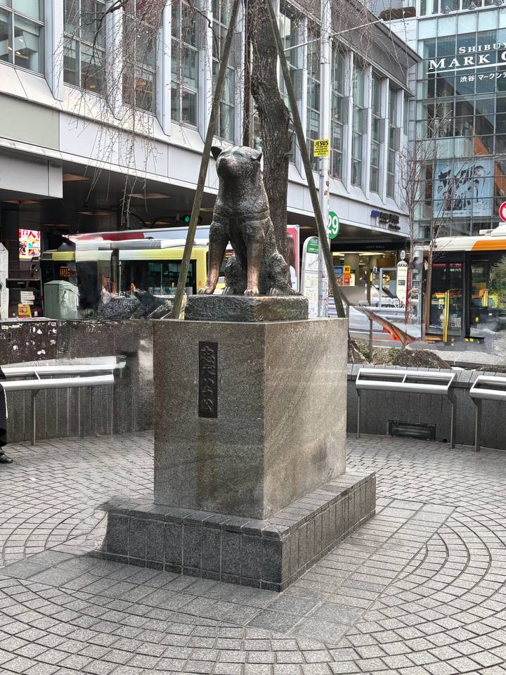 Bronze statue of loyal dog Hachiko on a granite pedestal in a busy urban plaza.