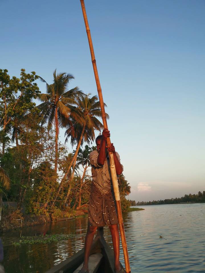 Boatman poles a wooden craft along palm-lined backwaters at golden hour.