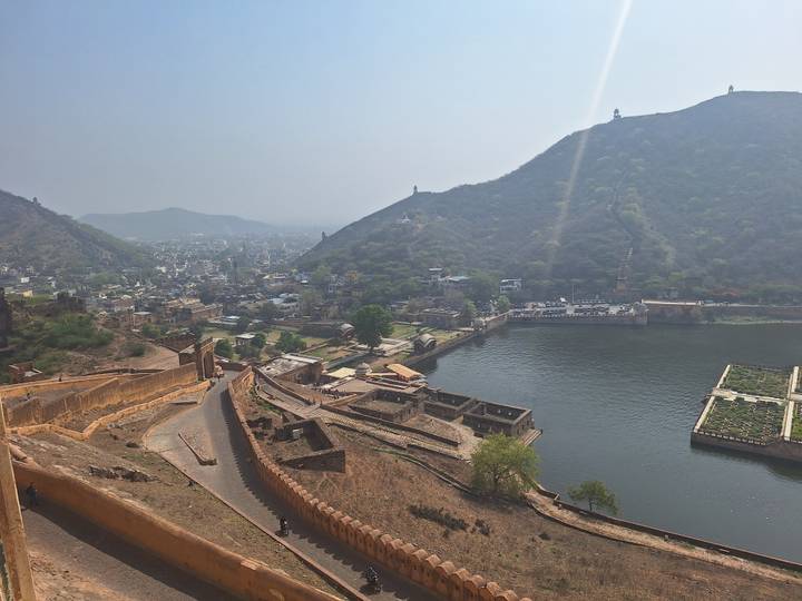 View from Amber Fort ramparts over Maota Lake and surrounding Jaipur hills