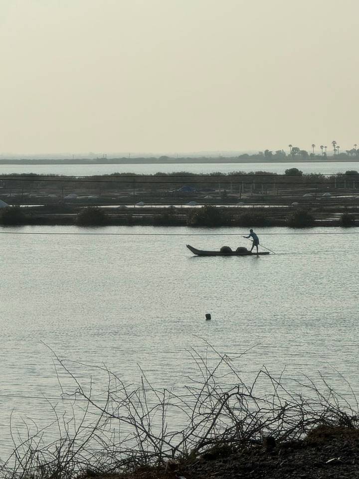 Silhouetted lone paddler rows traditional long canoe across calm backwater at dusk