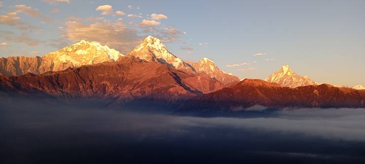 Golden sunlight illuminates the Annapurna peaks above a sea of early-morning cloud.