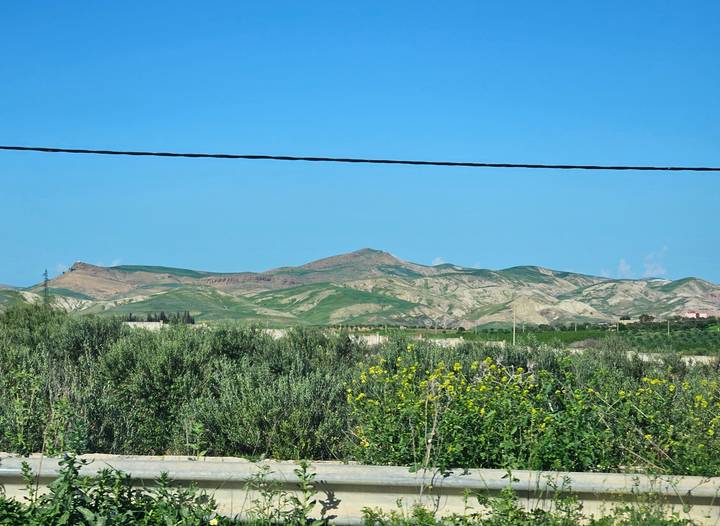 Distant rolling green hills under clear sky with power line crossing foreground.