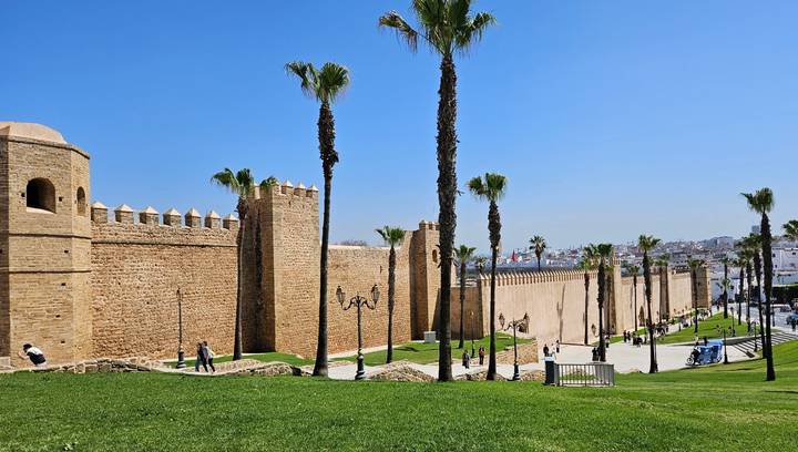 Long fortified wall with palm-lined promenade under bright blue sky in Rabat.