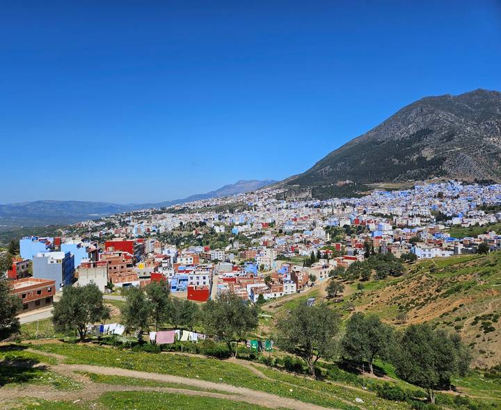 Panoramic view of Chefchaouen’s blue buildings spreading across foothills of Rif Mountains.