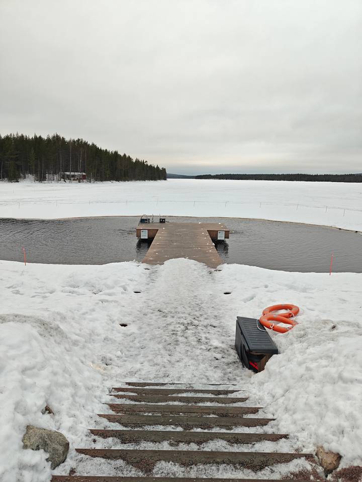 Wooden dock extending into a snow-covered frozen lake surrounded by conifer forest on an overcast day.