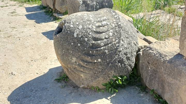 Weathered carved stone artifact with patterned grooves resting among ancient ruins.