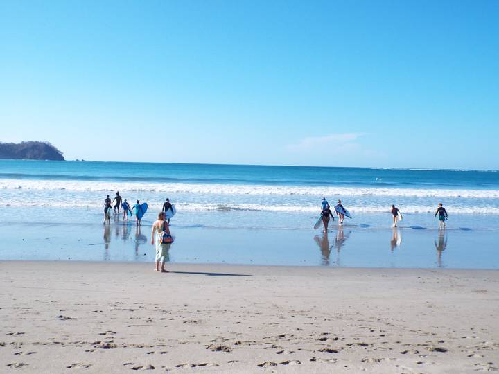 Beach scene with learners carrying surfboards into gentle waves against a bright blue sky.