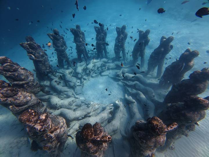 Underwater sculpture ring of human figures colonised by marine life in clear blue water.