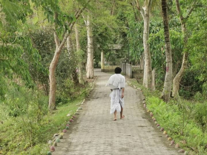 A barefoot man in white traditional robe walks alone along a tree-lined path in lush greenery.