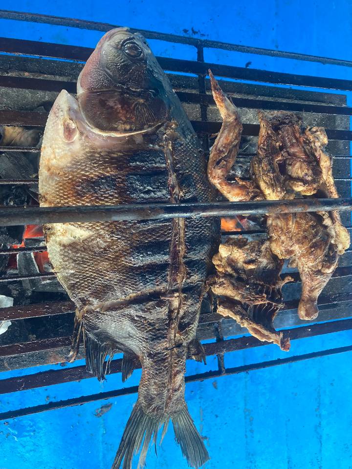 Close-up of grilled fish and meat on barbecue rack over coals