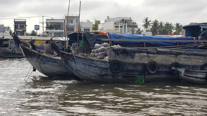 Wooden cargo boats loaded with produce moored along a muddy Mekong Delta waterfront against cloudy skies
