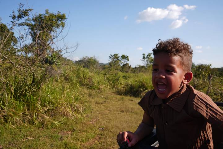 A laughing child leans out of an open safari vehicle as green bushland stretches into the distance.