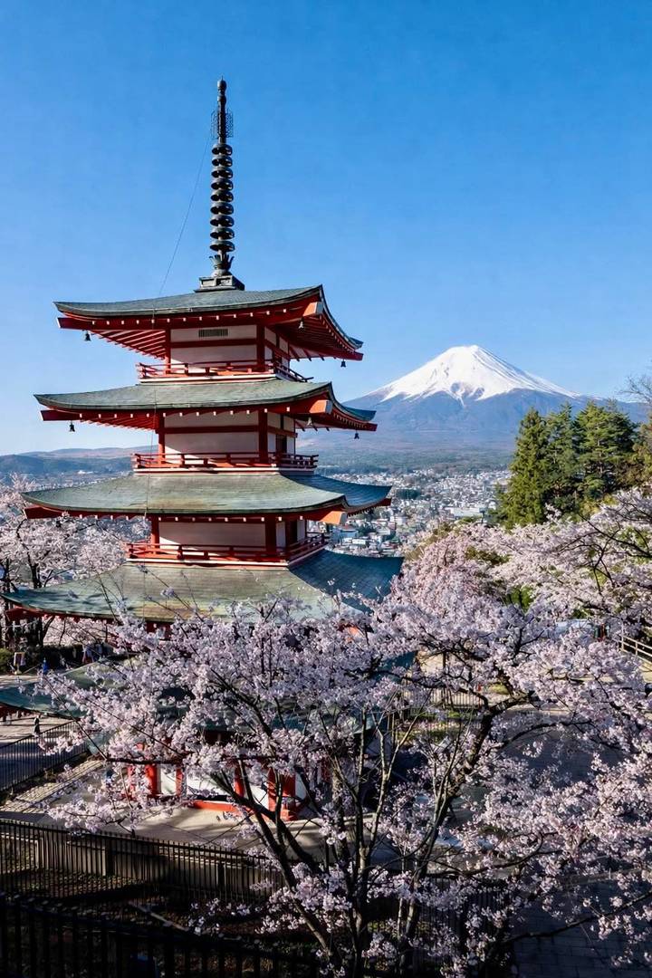 Cherry blossoms frame the red Chureito Pagoda with snow-capped Mount Fuji towering behind under blue skies.