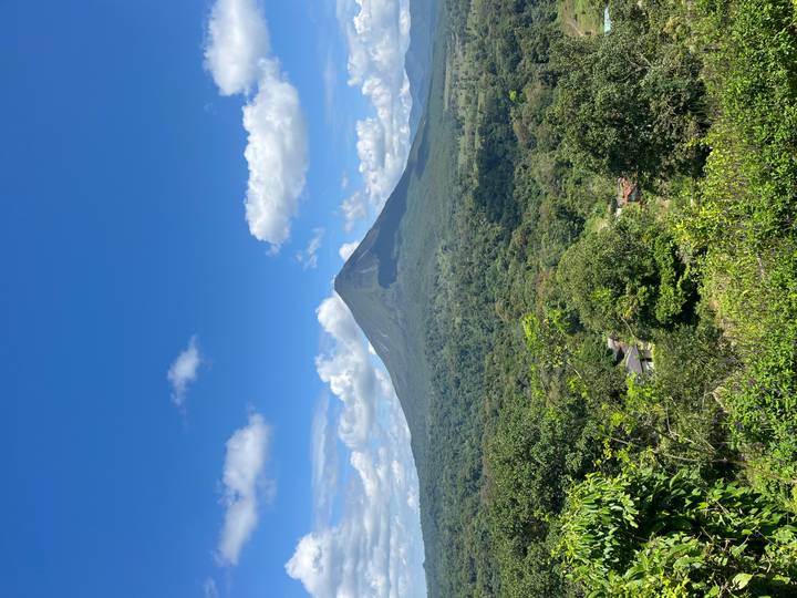 Iconic cone of Arenal Volcano rising over lush green rainforest under a crystal-clear blue sky.