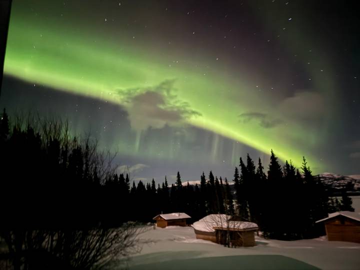 Green aurora borealis curtains sweep across a starry winter sky above snowy cabins and dark spruce forest.