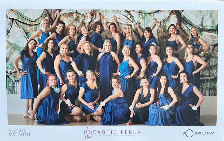 Large group of women dressed in matching blue dresses posing for a formal photo against an artistic backdrop.