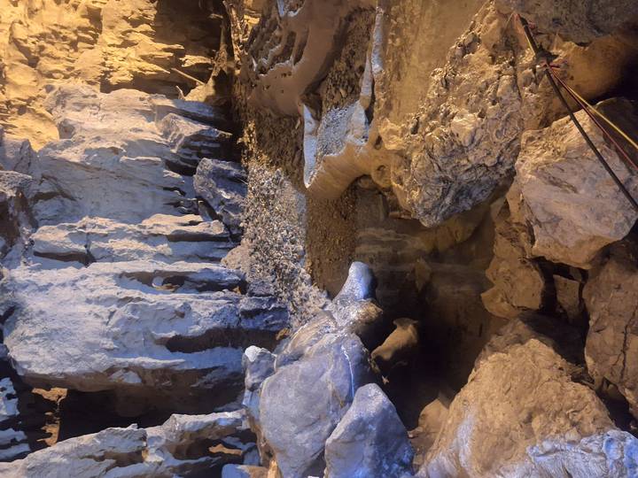 Stalactite-lined cave chamber with a shallow reflective pool and rugged rock formations.