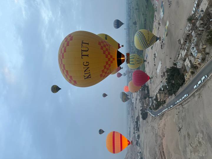 Dozens of colourful hot-air balloons, including one labelled 'King Tut', rise above the Nile valley at dawn.