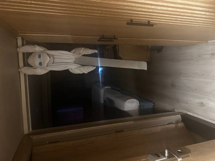 Dimly lit hotel cabin with a towel animal hanging playfully from the doorway