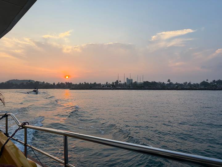 Golden sunset viewed from a boat leaving a foamy wake near a palm-lined coastline and marina.