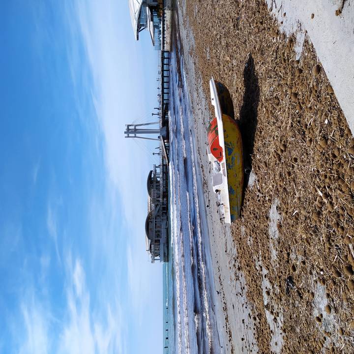 Small paddleboats lie on a seaweed-strewn beach opposite a modern pier and coastal pavilion under blue skies.