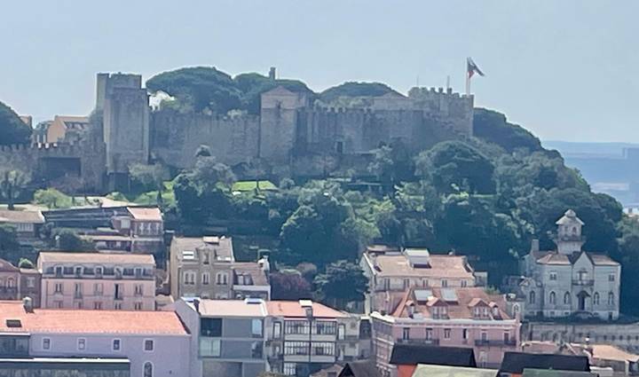 Distant view of São Jorge Castle crowning a wooded hill above Lisbon rooftops.
