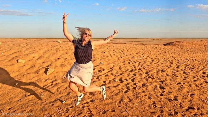 A joyful woman jumps mid-air on a vast sandy desert plain under a bright blue sky.