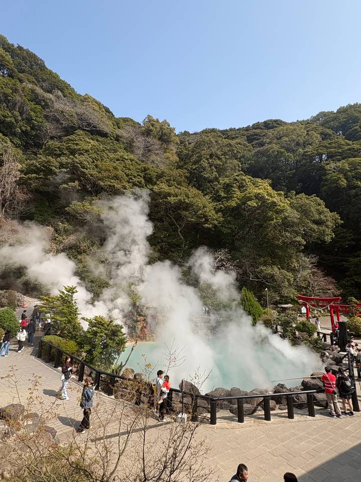 Billows of geothermal steam rise through dense forest at a hot spring attraction in Japan.
