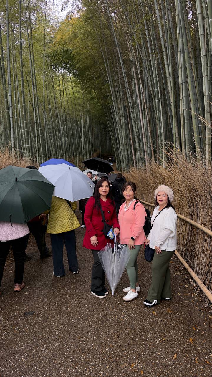 Tourists walk with umbrellas through Arashiyama’s famous bamboo grove on a rainy day, three women smiling in the foreground.