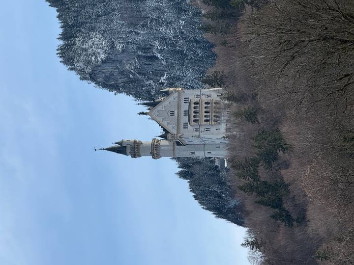 Iconic white-stone Neuschwanstein Castle perched on a forested mountain slope dusted with snow.
