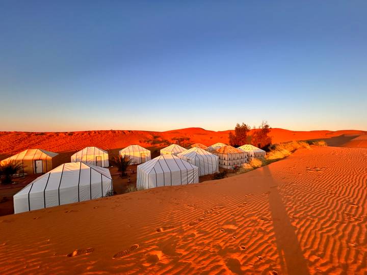 Row of white canvas desert tents glowing at sunrise amid the orange dunes of the Sahara.