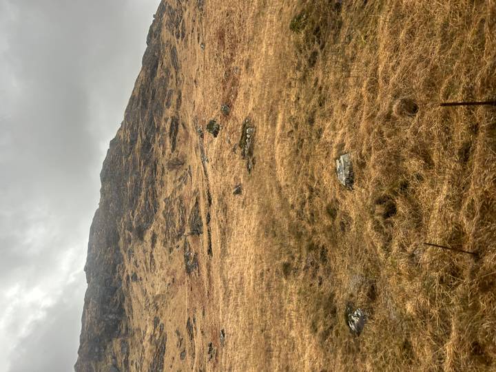 Steep grassy hillside under grey skies in the Scottish Highlands.