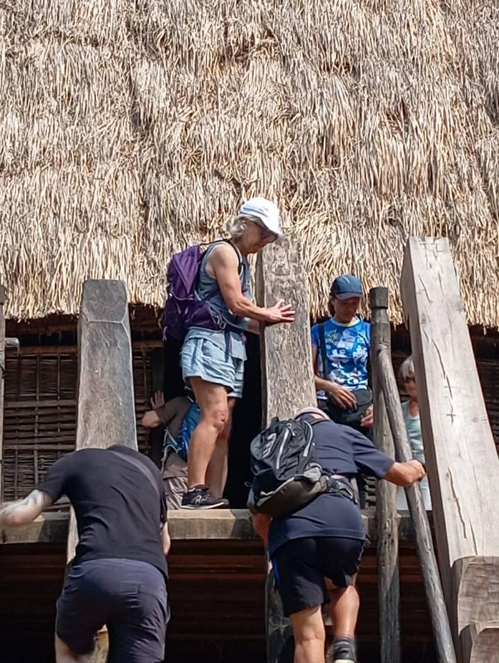 Travelers climb steep wooden stairs into a traditional thatched stilt house.