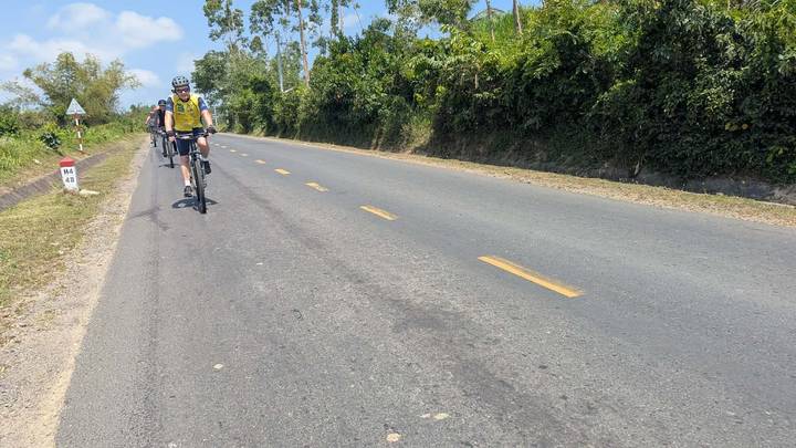 Solo cyclist in yellow jersey riding along a long rural highway lined with lush forest.