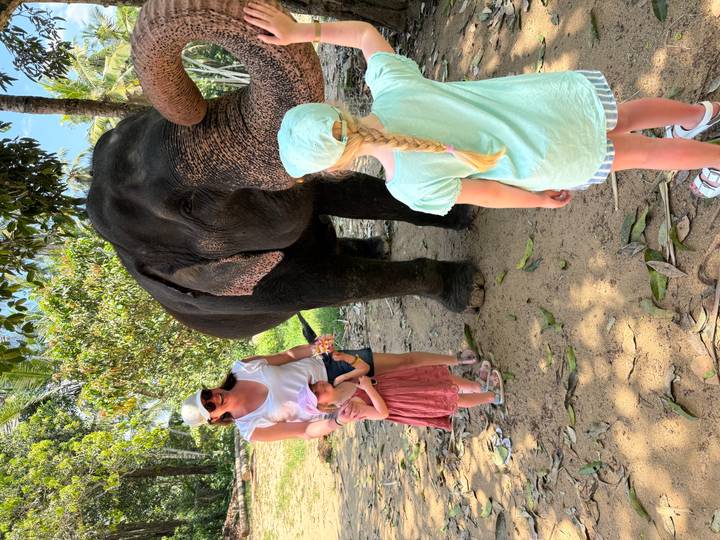 Mother and two children interacting closely with a large elephant in a tropical setting.